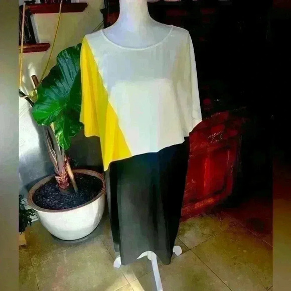 DKNY dress. Size XL ladies color block NWY black yellow white Flowy Airy - Picture 2 of 12